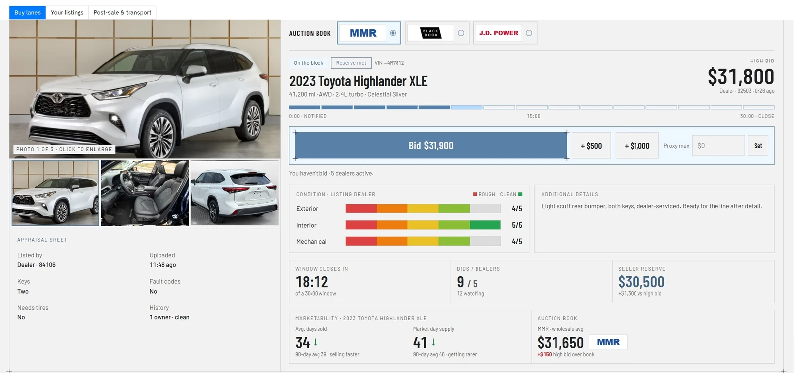 BidAppraise auction screen: a 2023 Toyota Highlander XLE on the block with a $31,800 high bid